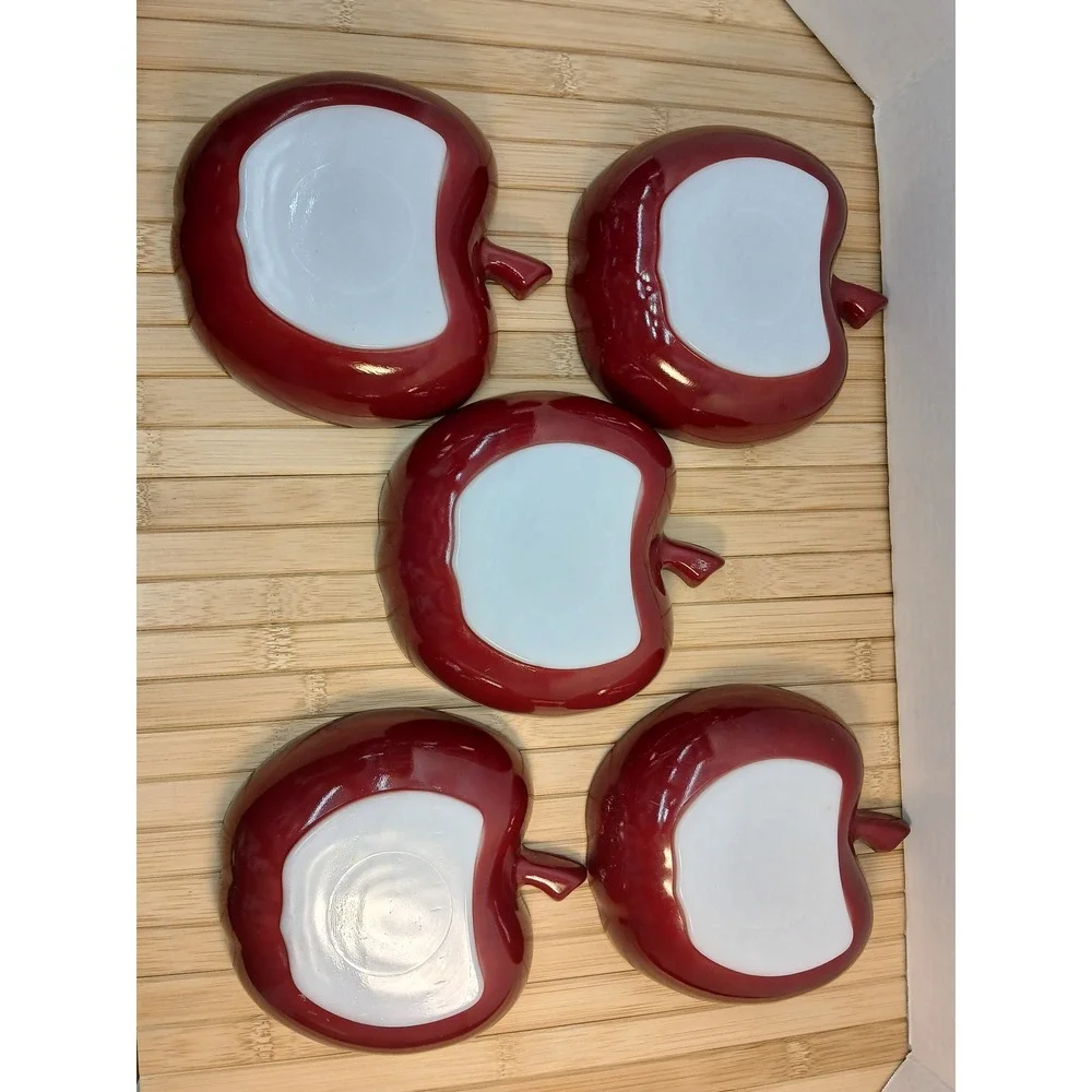 Hazel Atlas Red Flashed Milk Glass Apple Shaped Bowls Set of 5 Vintage MCM